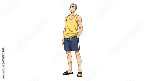 A young man in a tank top and shorts stands casually with his hands in his pockets