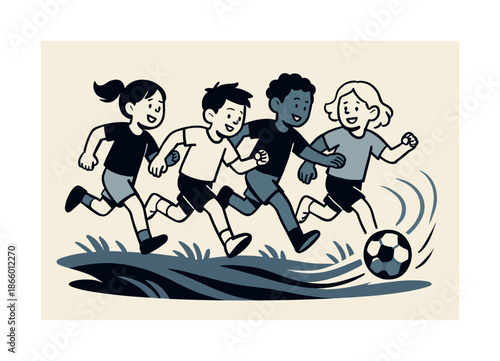 Animated Ball Chase. Ball game. A group of children chase a bouncing ball with animated trails showing action and teamwork, grass waves curving below. Simple,