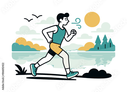 Morning Lakeside Run. Calm Morning Run. A figure jogs along a lakeside trail with soft reflections in still water and gentle mist rising. Minimalist birds and