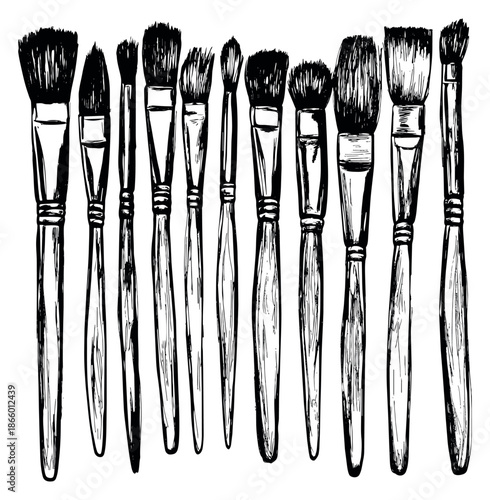 Hand drawn line art paint brushes set featuring various brush types for art and creativity