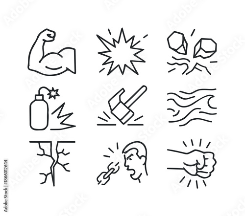 Explosive Strength Icons. Explosive strength. Line icon set of explosive strength: muscular arms, impact burst, crushed stone, explosive power icon, hammer