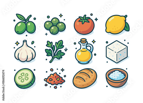 Mediterranean Ingredient Icons. Mediterranean Ingredients. Colorful isometric vector icons set of Mediterranean Ingredients: olives, capers, tomatoes, lemons,