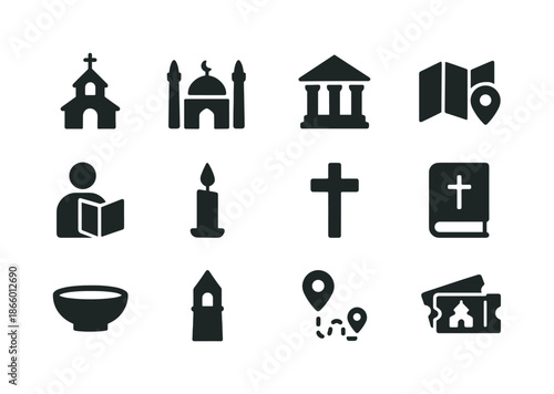 Faith Tourism Icons. Faith tourism. Solid icon set of faith tourism: church, mosque, temple, map, guide, candle, cross, prayer book, offering bowl, tower,