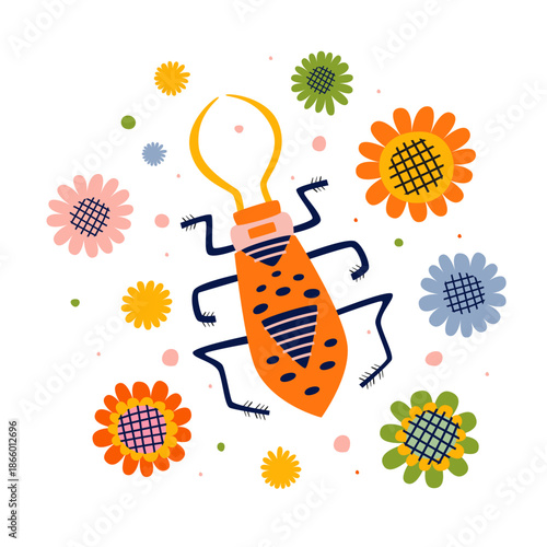 Cartoon beetle among colorful flowers vector flat illustration. Funny insect with long antennae on a white isolated background. Template for use in children`s design, textiles, books, packaging.