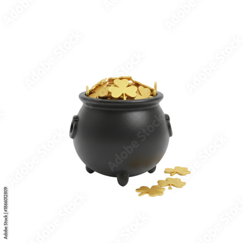 Black leprechaun pot filled with golden shamrock-shaped coins for St. Patrick's Day, isolated on transparent or white background, png