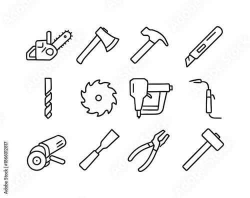 Dangerous Tools Icons. Dangerous tools. Line icon set of dangerous tools: chainsaw, axe, hammer, utility knife, drill bit, saw blade, nail gun, welding torch,
