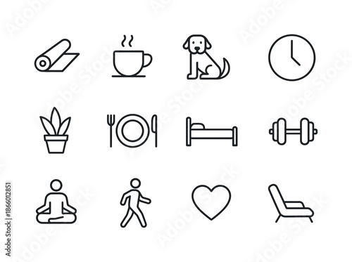 Remote Work Icon Set. Remote work revolution post-pandemic ? Work-Life Balance. Line icon set of Remote work revolution post-pandemic ? Work-Life Balance: yoga