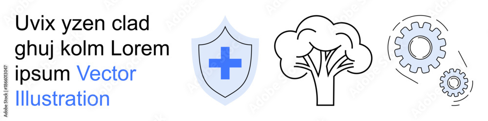 Obraz premium Healthcare, sustainability, innovation, environmental safety, technical processes, preventive care. A shield with a cross, a tree icon and gear symbols. Healthcare and sustainability concepts