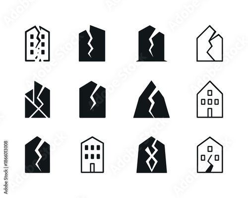 Shattered Building Logos. Company going out of business. Icon set. Set Logo of Company going out of business: shattered building. harmonious logo variations of