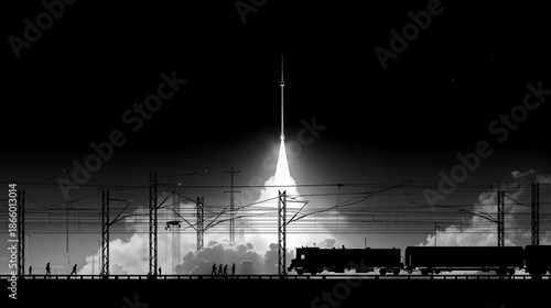 A black and white photo of a rocket launching into the sky