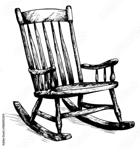 Hand drawn illustration of a rocking chair depicting a classic wooden design for home relaxation