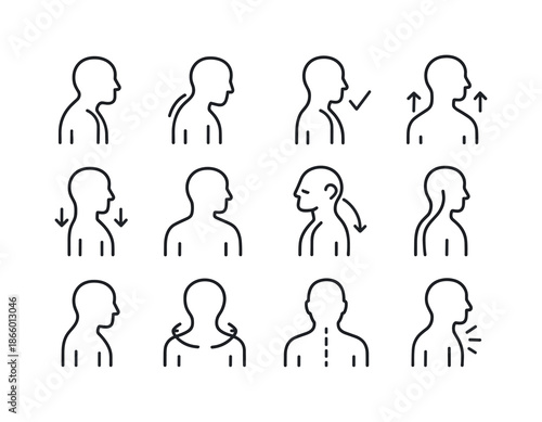 Neck and Shoulder Icons. Neck and shoulder alignment. Line icon set of neck and shoulder alignment: forward head posture, rounded shoulders, neck alignment
