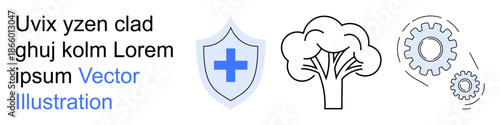 Healthcare, sustainability, innovation, environmental safety, technical processes, preventive care. A shield with a cross, a tree icon and gear symbols. Healthcare and sustainability concepts