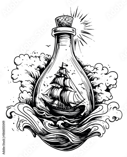 Hand drawn line art illustration of a sailing ship in a bottle depicting a majestic vessel navigating rough seas for nautical and adventure designs