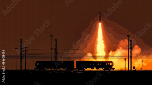 A train is going through the air with a rocket in the background