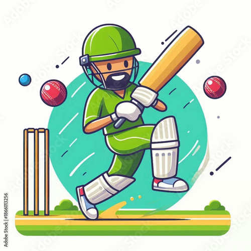 Cartoon cricketer hitting a ball near wickets on a field showcasing stylized sporting action