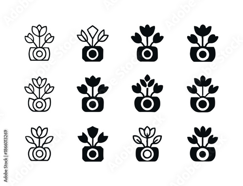 Anniversary Icon Logos. Celebrating anniversaries with creative photoshoots. Icon set. Set Logo of Celebrating anniversaries with creative photoshoots: bouquet