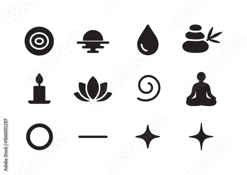 Zen Icon Collection. Zen reflections. Solid icon set of Zen reflections: ripple circle, reflection bar, water drop, zen stones, bamboo leaf, candle flame,