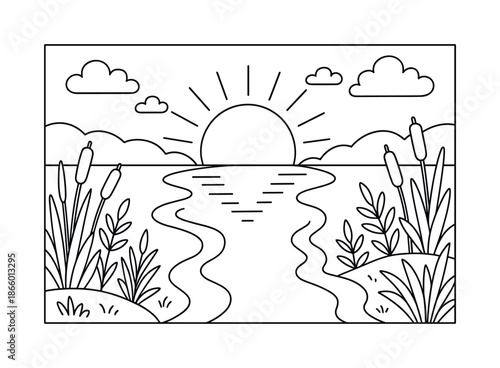 River Sunset Coloring. Sunset near a river children?s coloring book illustration, outlined drawing, sun setting with reflections in the river and plants along