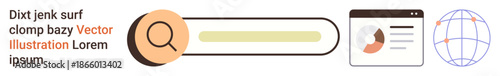Online research, global connectivity, user interface design, web search, digital communication, personal profiles. Magnifying glass, profile page globe icon. Online research and global connectivity