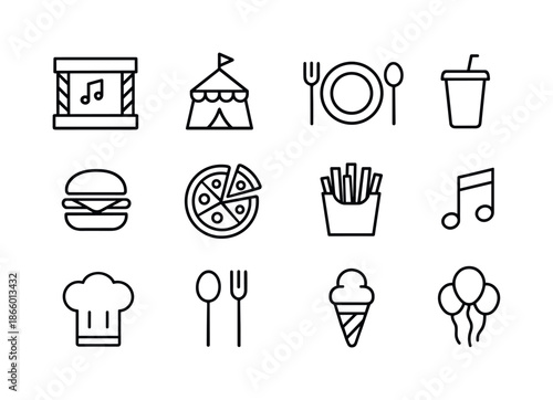 Food Festival Icons. Food festival. Line icon set of Food festival: stage, tent, plate, drink cup, burger, pizza, fries, live music note, chef hat, spoon and