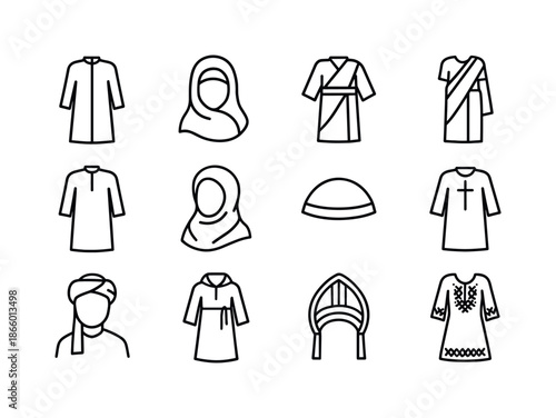 Religious Attire Icons. Religious attire and traditional clothing. Line icon set of Religious attire and traditional clothing: priest robe, hijab, kimono,