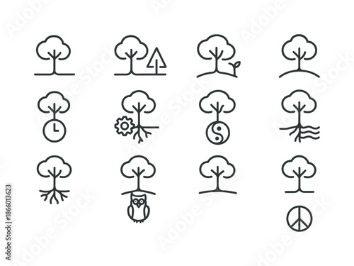 Lone Tree Icon Set. Lone Tree Symbolism. Line icon set of Lone Tree Symbolism: solitude, strength, resilience, stillness, growth, time, patience, balance,