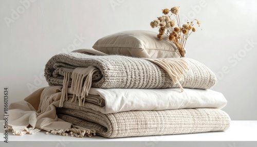 Cozy Stack of Textured Blankets and Pillow with Dried Flowers.
