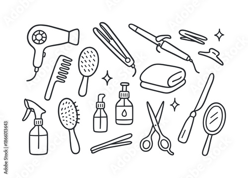 Hair Styling Essentials. Hair styling tools. Hand-drawn doodle illustration hair styling tools hairdryer, flat iron, curling wand, comb, brush, clips, spray