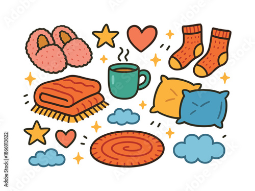 Cozy Indoor Icons. Warm Indoor Comfort. Colorful Hand-drawn doodle Children illustration fuzzy slippers, cozy socks, warm mug, blanket, pillows, stars, hearts,