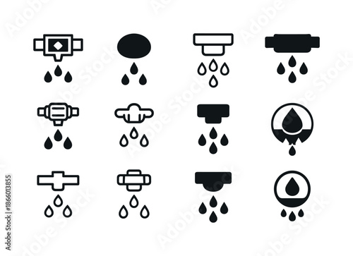 Irrigation System Icons. irrigation system. Icon set. Set Logo of irrigation system: drip emitter. harmonious logo variations of the same emblematic concept,