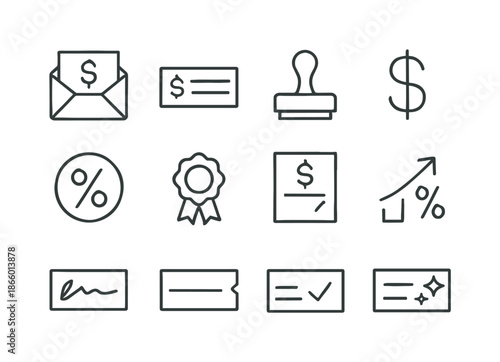 Bonus Check Icons. Bonus Check. Line icon set of Bonus Check: bonus check envelope, check slip, bonus stamp, dollar sign, percentage bonus, reward ribbon,
