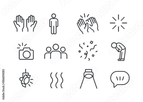 Standing Ovation Icons. Standing ovation. Line icon set of standing ovation: raised hands, standing figure, clapping hands, starburst, camera flash, audience,
