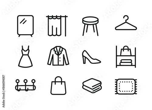 Dressing Room Icons. Dressing Room. Line icon set of Dressing Room: mirror, curtain, stool, hanger, dress, jacket, shoe, shelf, hook, shopping bag, folded