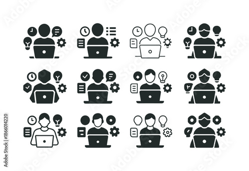 Multitasking Professionals Icons. Multitasking professionals working on laptops. Icon set. Set Logo of multitasking professionals working on laptops: laptop