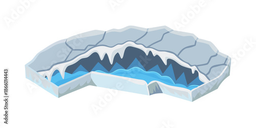 Illustration of a mountain range with snow and water