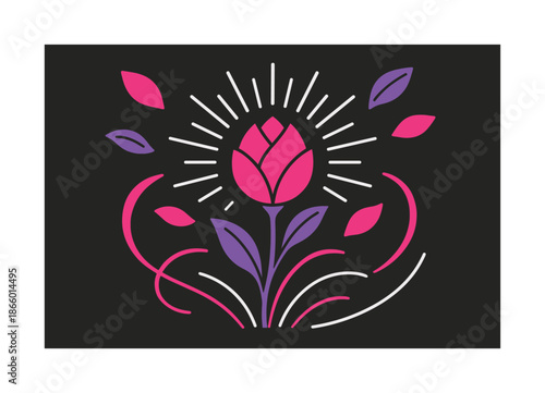 Petals in Motion. Blooming moment. A bud unfolds as radiant lines spread; floating petals dance around it. Light curves highlight growth. Modern flat-line