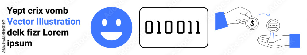 Fototapeta premium Identity verification, cybersecurity, algorithms, digital payments, secure transaction systems, icon design. Smiling face, binary code and hand exchanging money. Identity verification