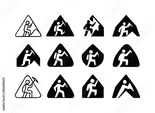 Mountain Climber Icons. mountain climbers. Icon set. Set Logo of mountain climbers: ice axe. harmonious logo variations of the same emblematic concept, each
