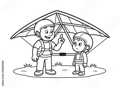 Hang Gliding Lessons. Learning to hang glide children?s coloring book illustration, outlined drawing, child listening to a friendly cartoon instructor showing