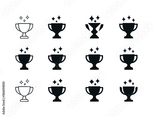 Celebration Icon Set. Celebrating Success. Icon set. Set Logo of Celebrating Success: trophy cup with sparkles above. harmonious logo variations of the same