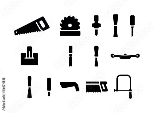 Woodworking Tools Icons. Woodworking blades. Solid icon set of Woodworking blades: hand saw, circular saw, jigsaw blade, planer blade, router bit, carving