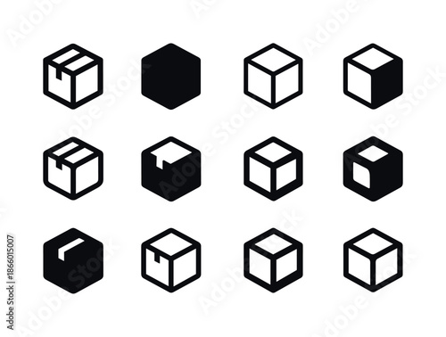 Diverse Icon Variations. Mass. Icon set. Set Logo of mass: cargo box. harmonious logo variations of the same emblematic concept, each with different artistic