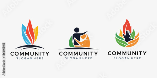 Community Logo Set with People Figures and Colorful Leaf Elements for Social Charity and Group Support Branding