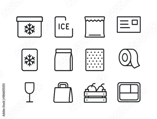Food Shipping Icons. Food shipping packaging. Line icon set of Food shipping packaging: insulated box, ice pack, thermal liner, shipping label, cold pack,