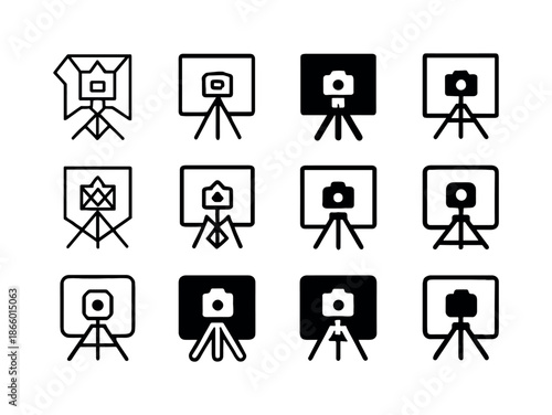Studio Portrait Icons. Taking portraits in a studio. Icon set. Set Logo of Taking portraits in a studio: tripod stand. harmonious logo variations of the same