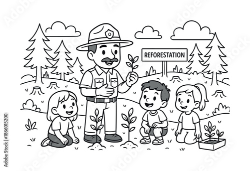 Forest Ranger Lesson. Forest protection children?s coloring book illustration, outlined drawing, cartoon ranger teaching kids how forests are cared for after