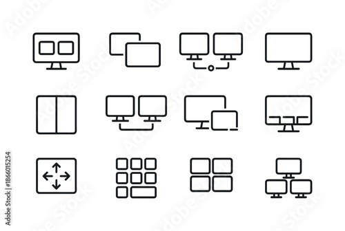 Multitasking Icon Set. Multitasking on screen. Line icon set of Multitasking on screen: virtual desktop icon, workspace switcher, multi-monitor icon, extended