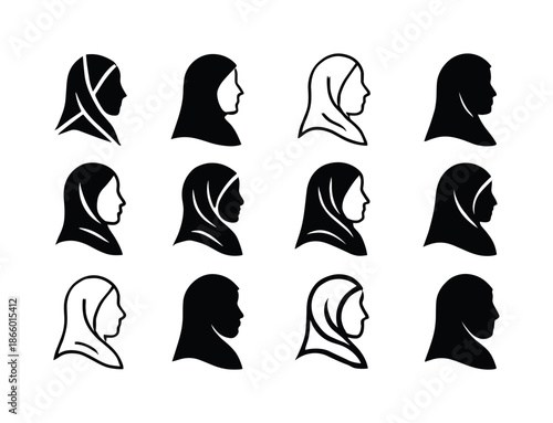 Religious Attire Icons. Religious attire and traditional clothing. Icon set. Set Logo of Religious attire and traditional clothing: hijab profile. harmonious