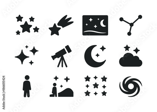Starry Night Icons. Starry Night. Solid icon set of Starry Night: star cluster, shooting star, night sky, constellation, twinkle icon, telescope, moon with